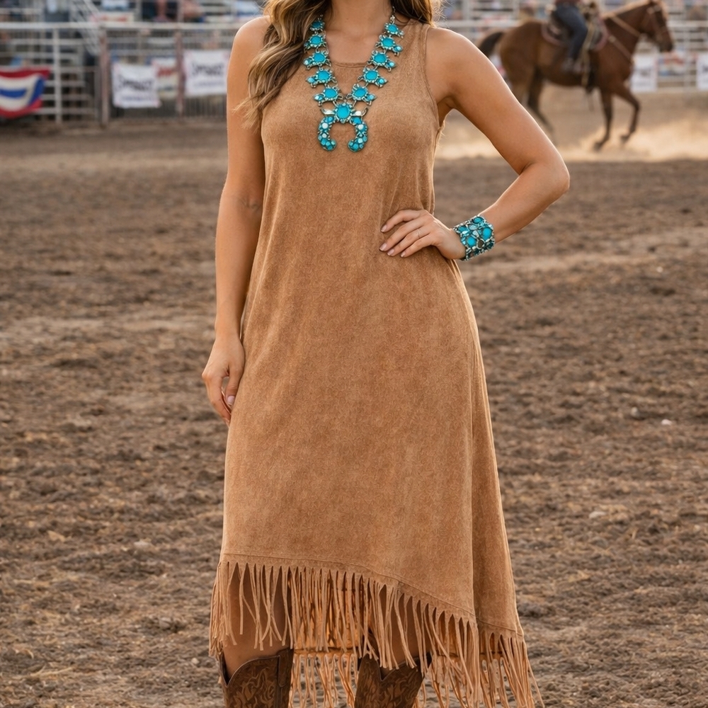 Blue Buttercup Boho Western Fringe Midi Tan Rodeo Festival Cowgirl USA Made M
